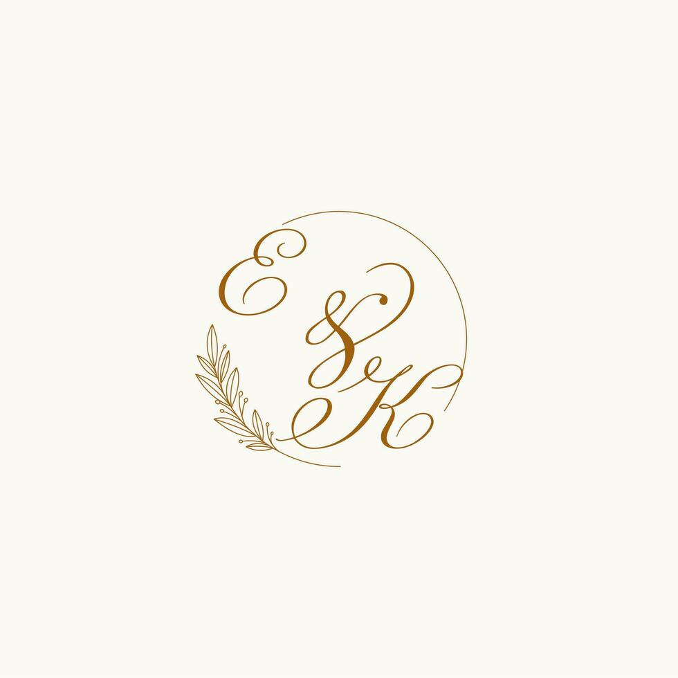 Initials EK wedding monogram logo with leaves and elegant circular lines vector