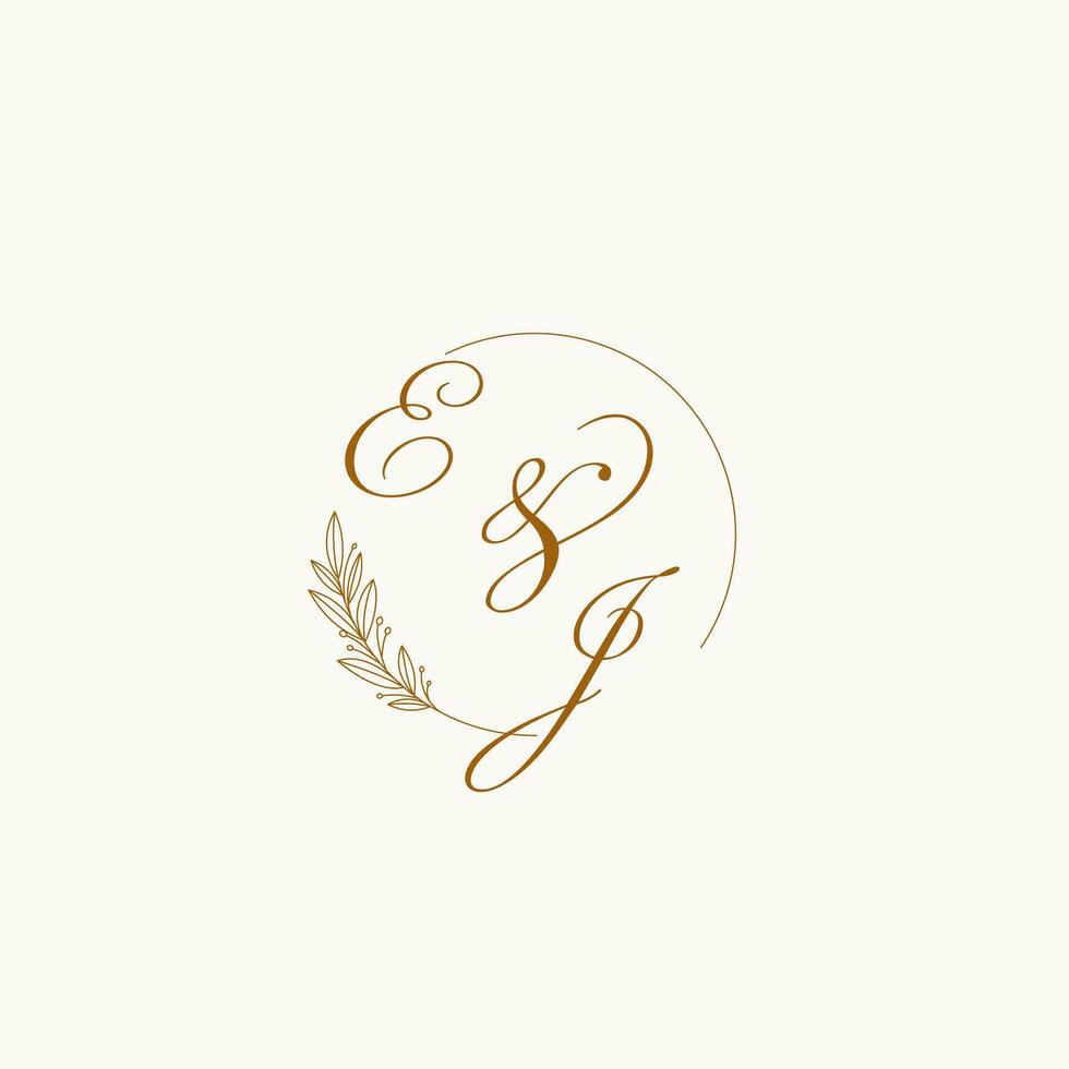 iniciales ej Boda monograma logo con hojas y elegante circular líneas vector