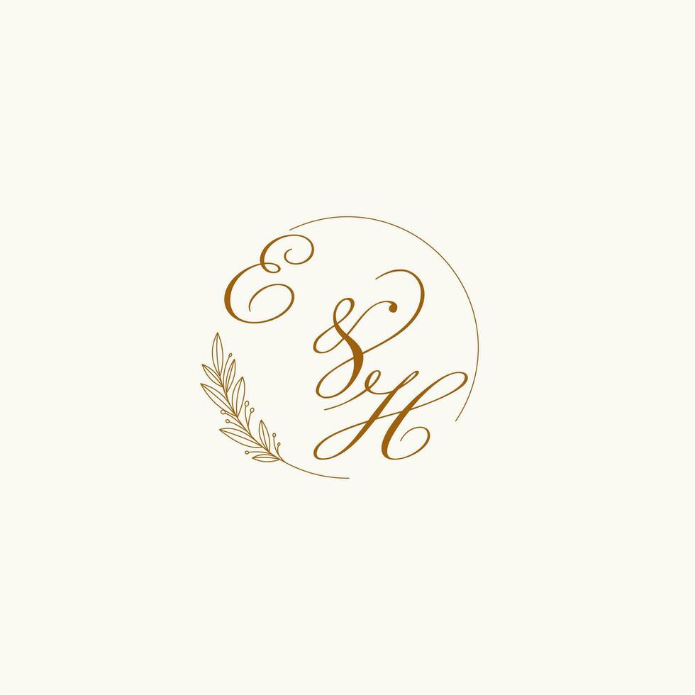 Initials EH wedding monogram logo with leaves and elegant circular lines vector