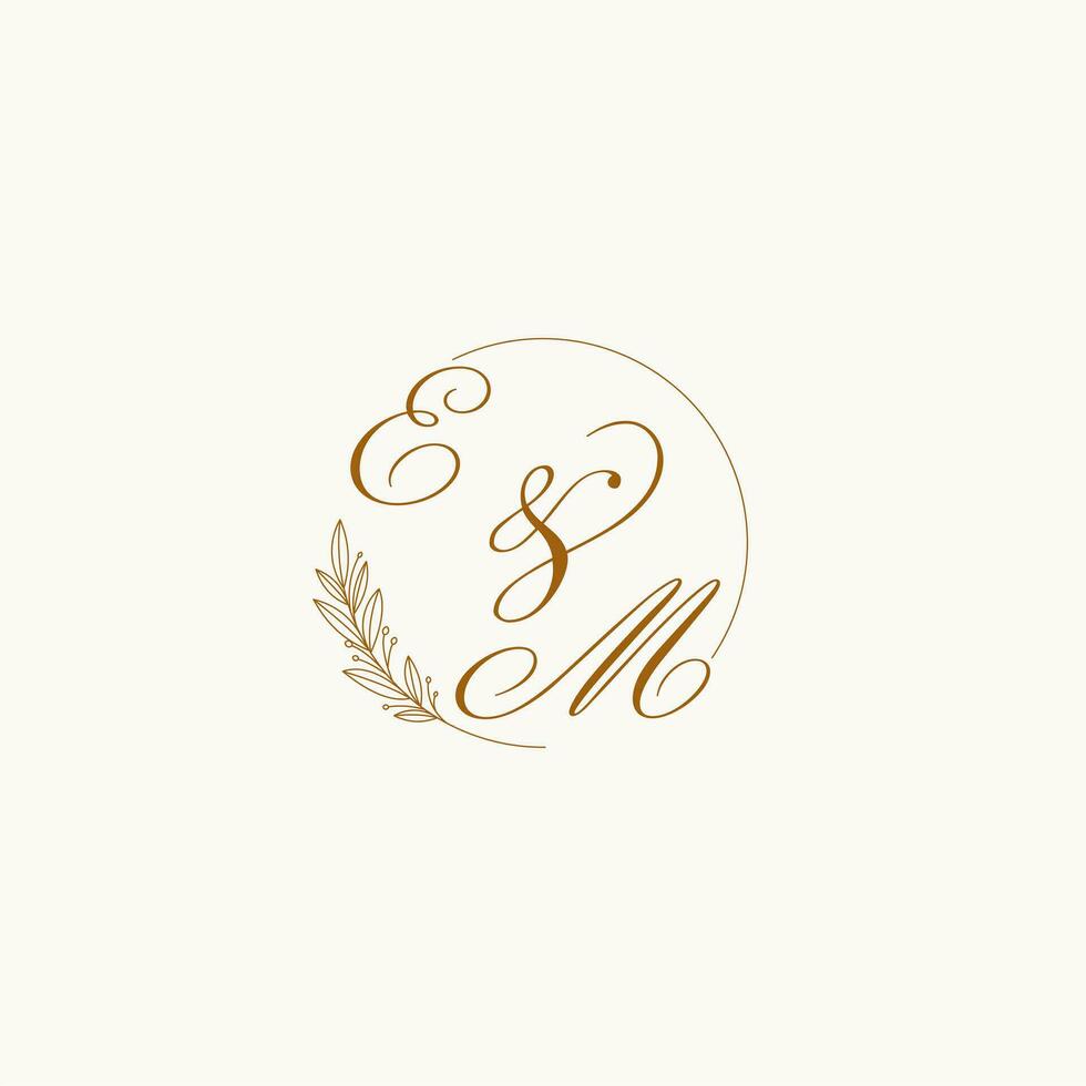 Initials EM wedding monogram logo with leaves and elegant circular lines vector