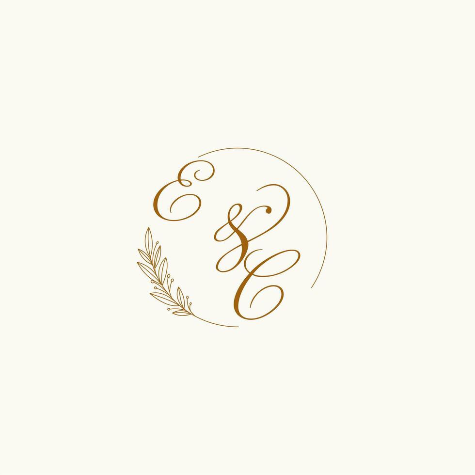 Initials EC wedding monogram logo with leaves and elegant circular lines vector