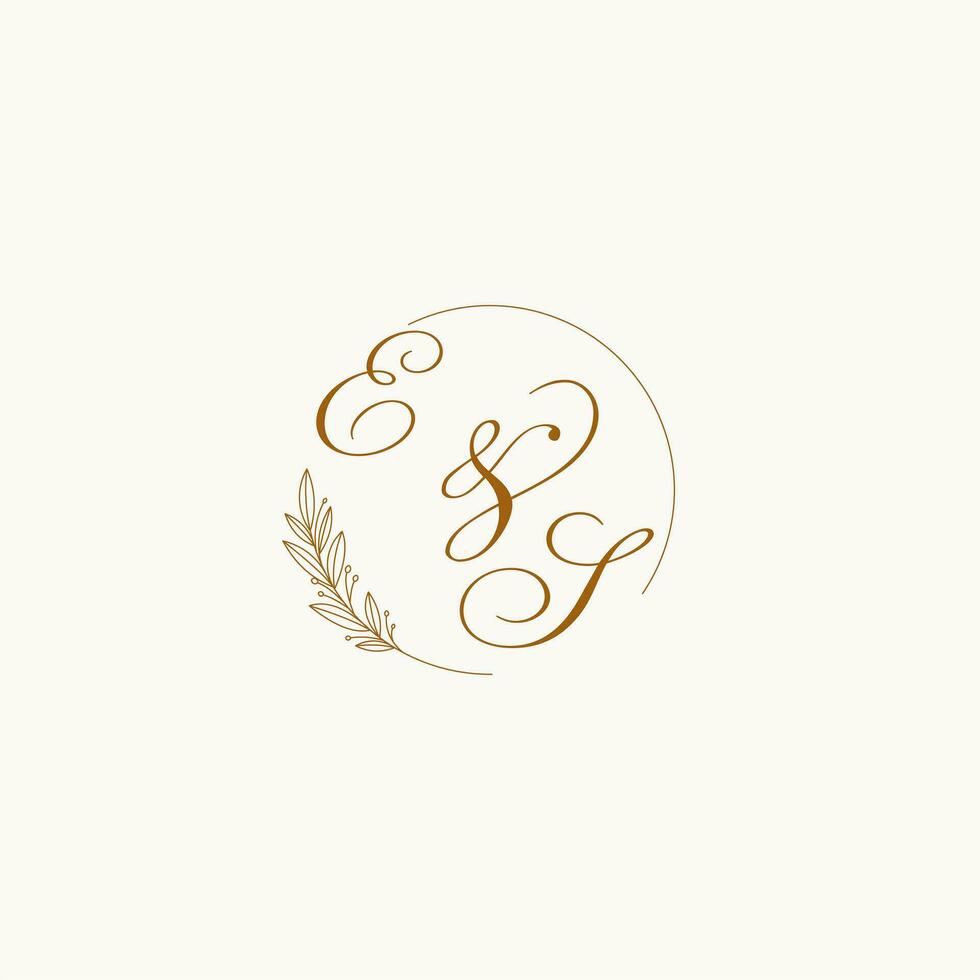 Initials ES wedding monogram logo with leaves and elegant circular lines vector