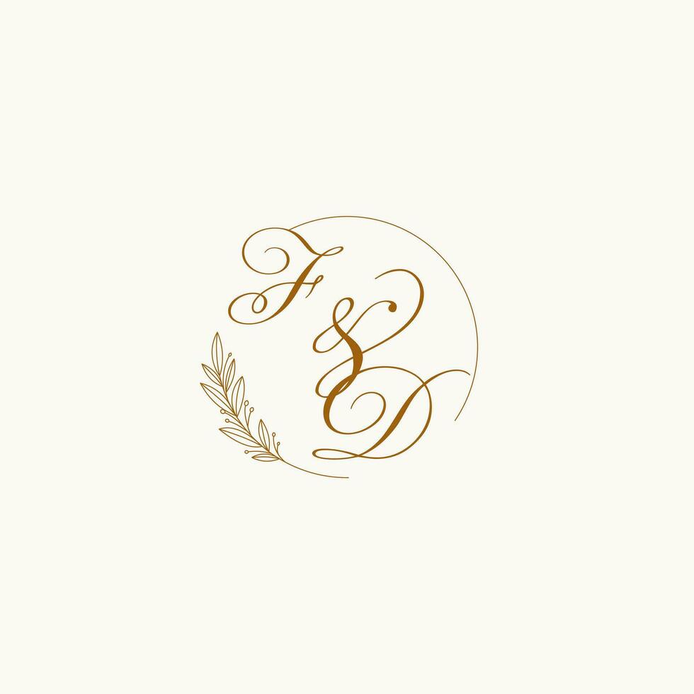 Initials FD wedding monogram logo with leaves and elegant circular lines vector