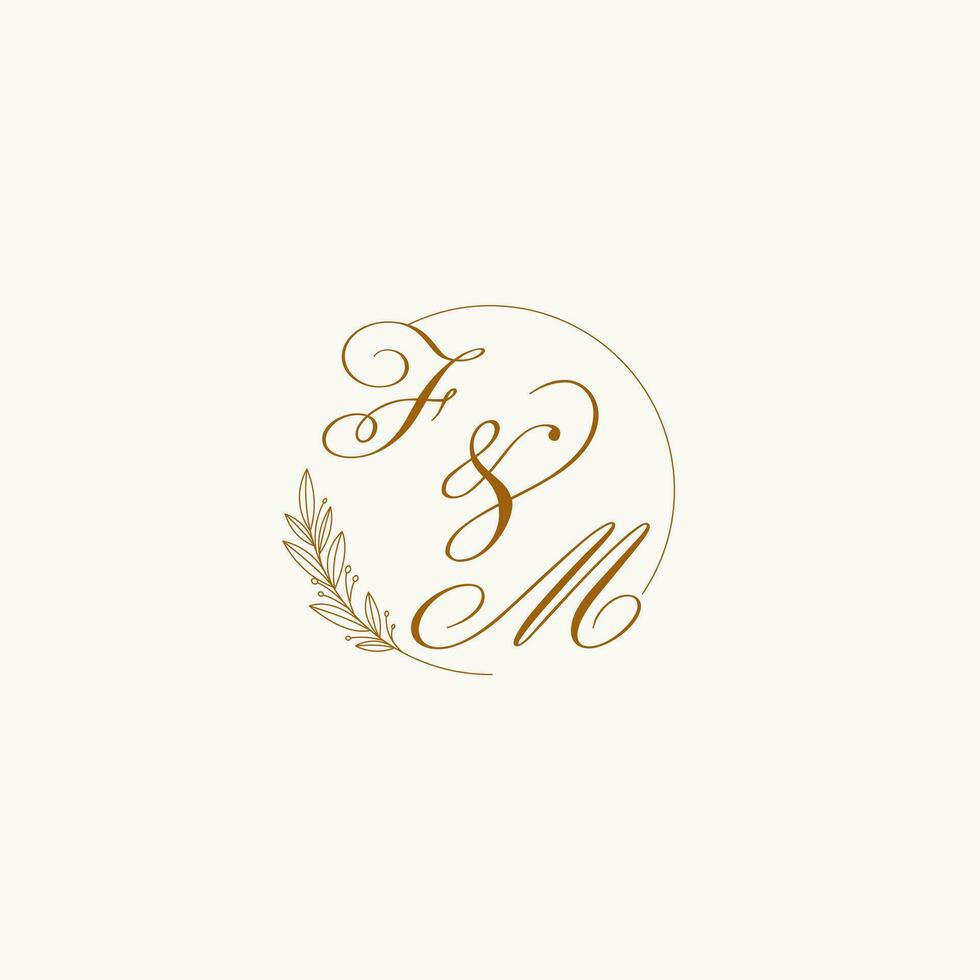 Initials FM wedding monogram logo with leaves and elegant circular lines vector