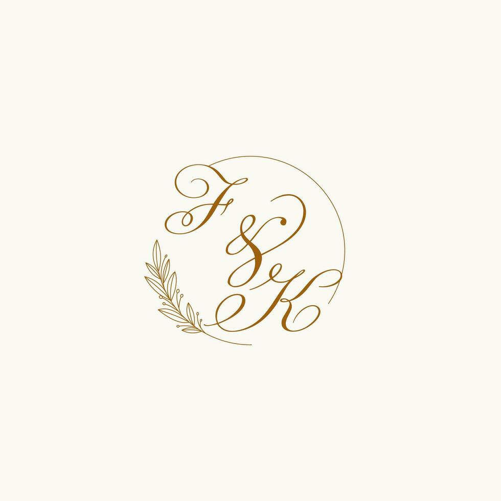 Initials FK wedding monogram logo with leaves and elegant circular lines vector