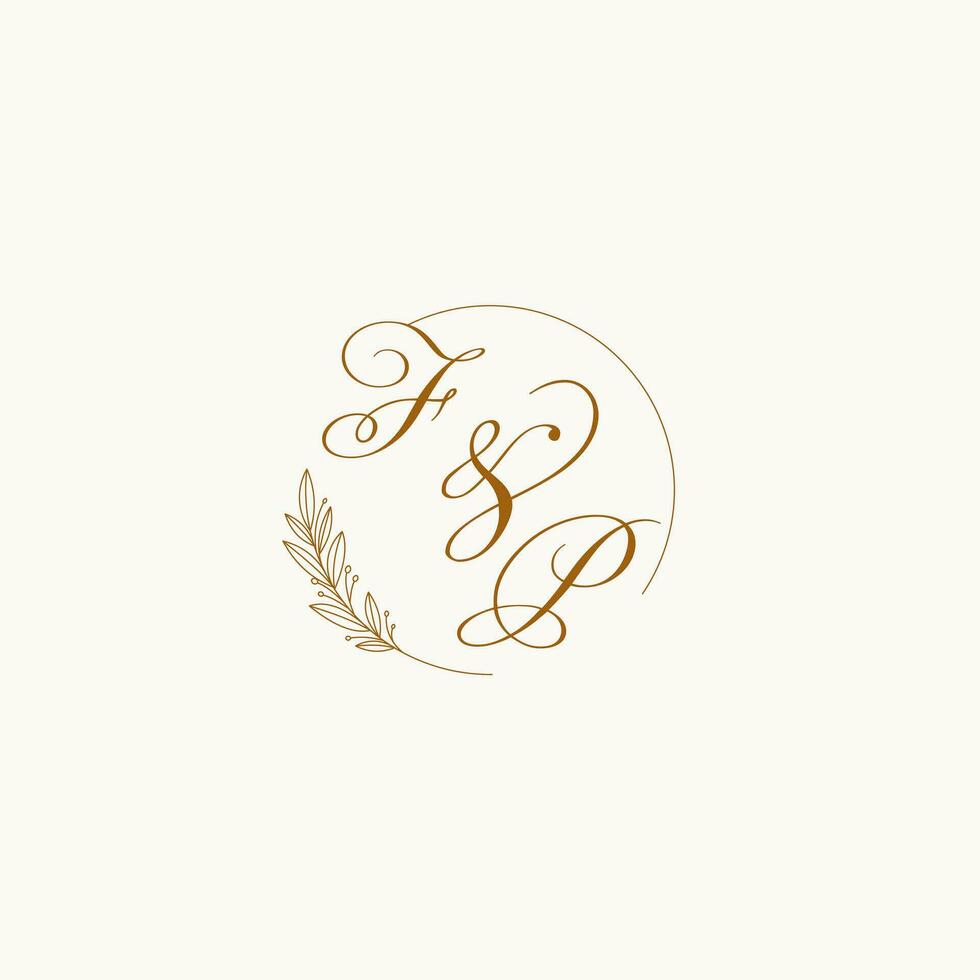 Initials FP wedding monogram logo with leaves and elegant circular lines vector