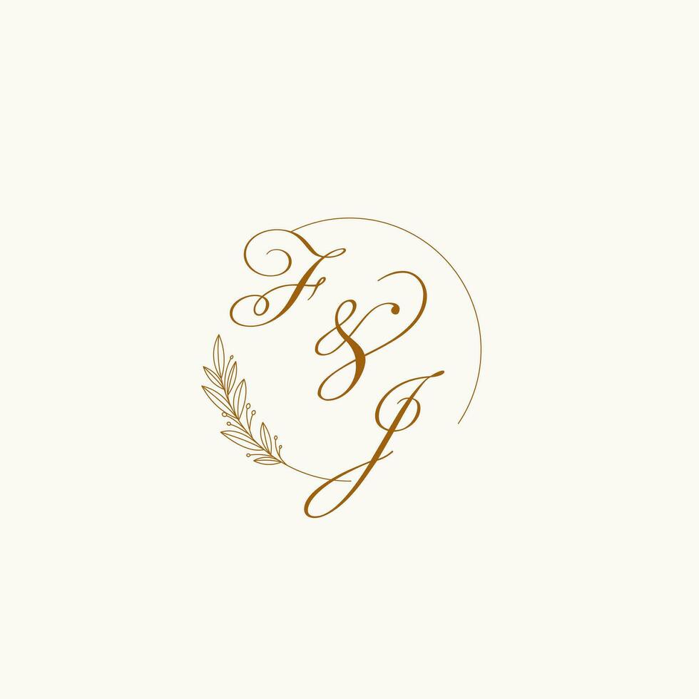 Initials FJ wedding monogram logo with leaves and elegant circular lines vector