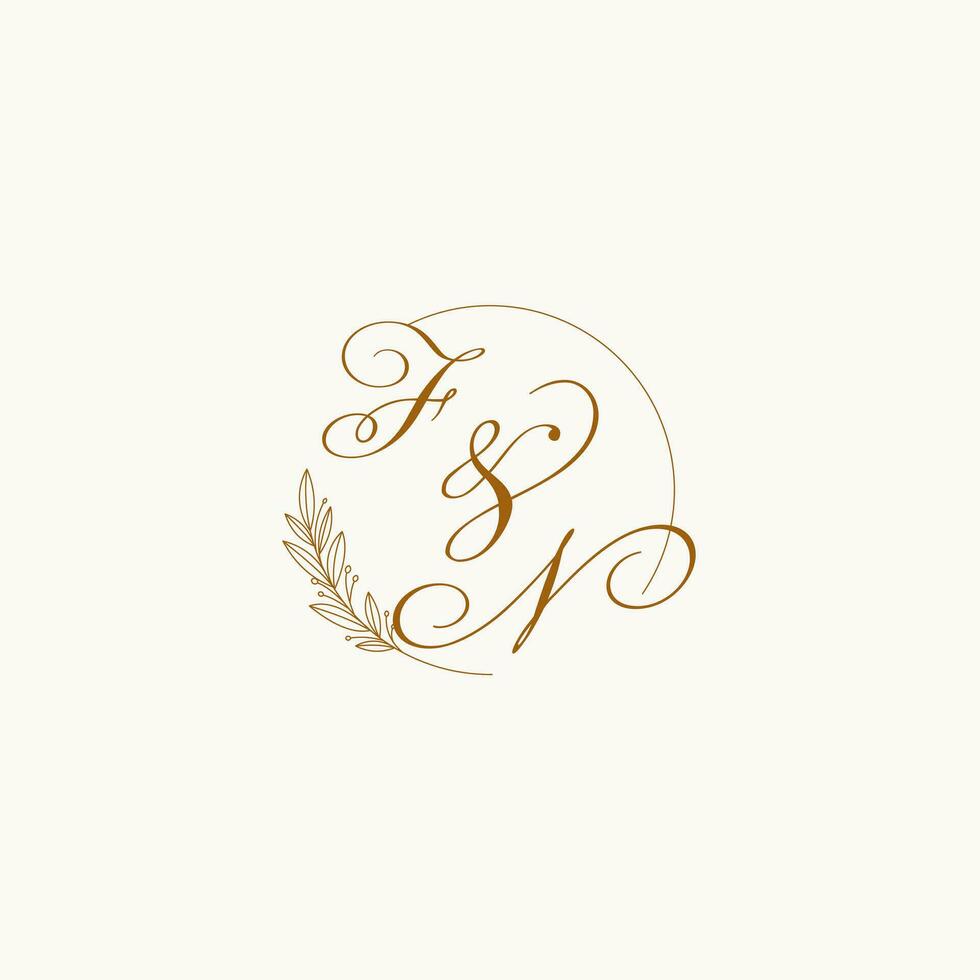 Initials FN wedding monogram logo with leaves and elegant circular lines vector