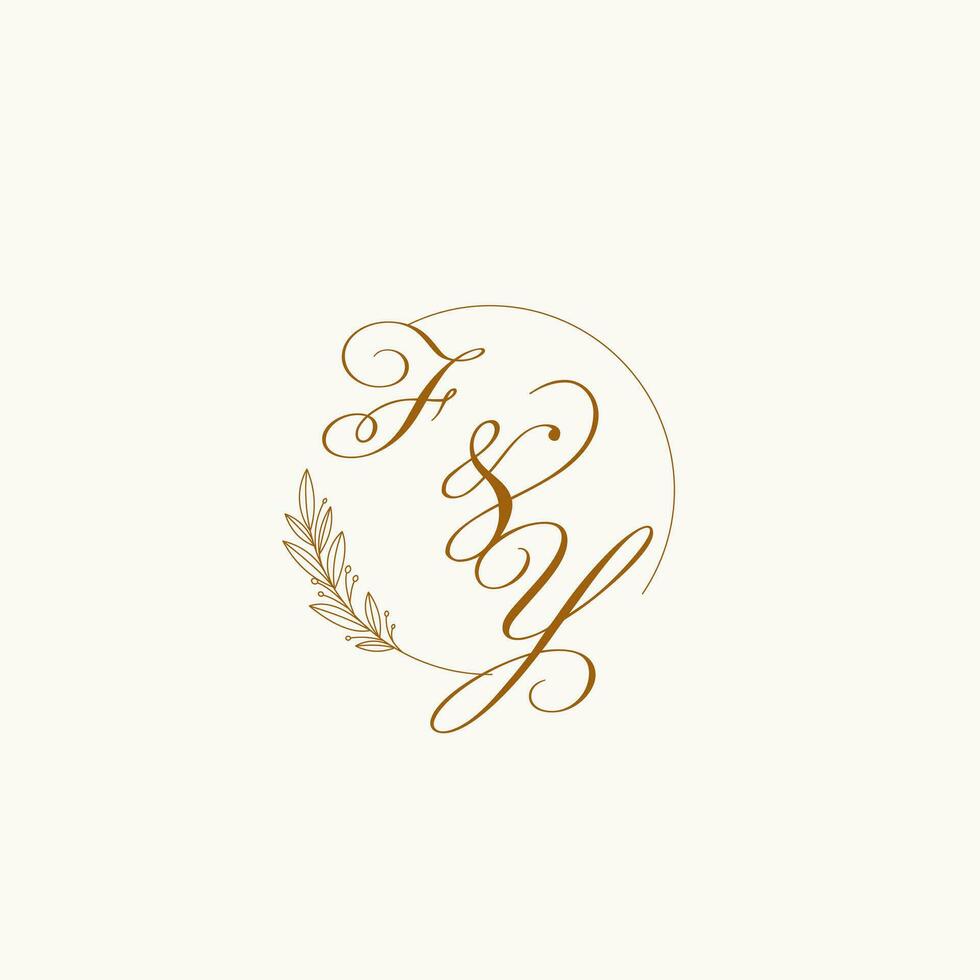 Initials FY wedding monogram logo with leaves and elegant circular lines vector
