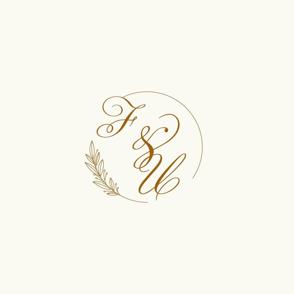 Initials FU wedding monogram logo with leaves and elegant circular lines vector