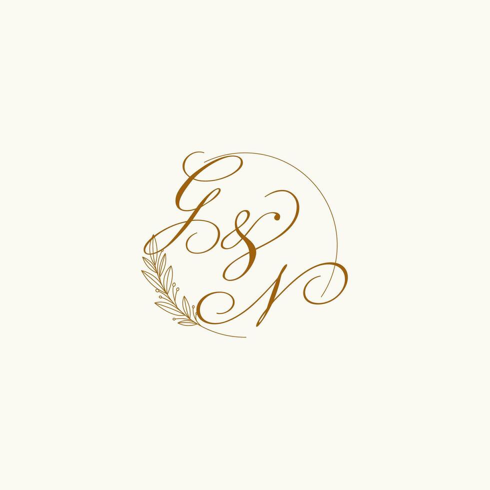 Initials GN wedding monogram logo with leaves and elegant circular lines vector