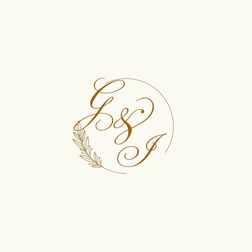 Initials GI wedding monogram logo with leaves and elegant circular lines vector