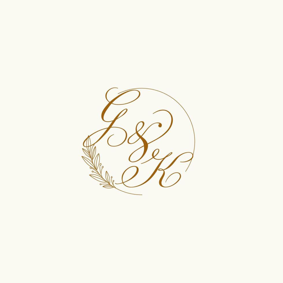 Initials GK wedding monogram logo with leaves and elegant circular lines vector