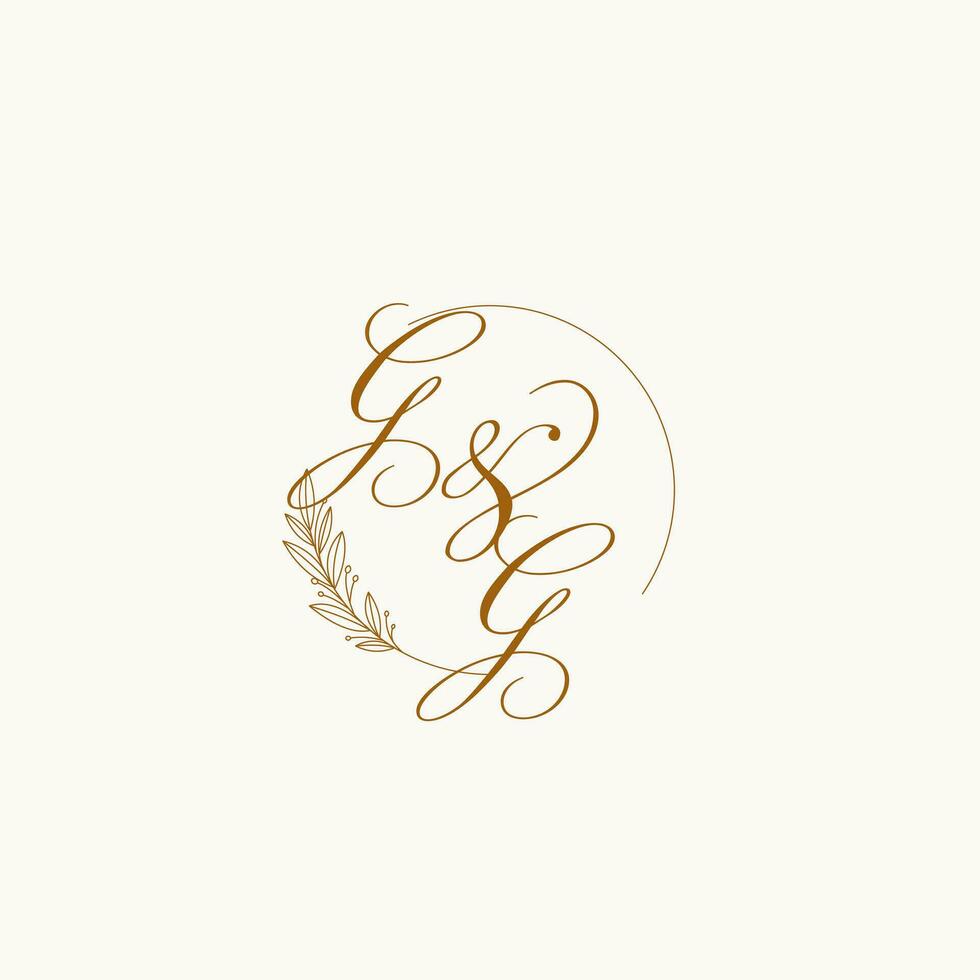 Initials GG wedding monogram logo with leaves and elegant circular lines vector