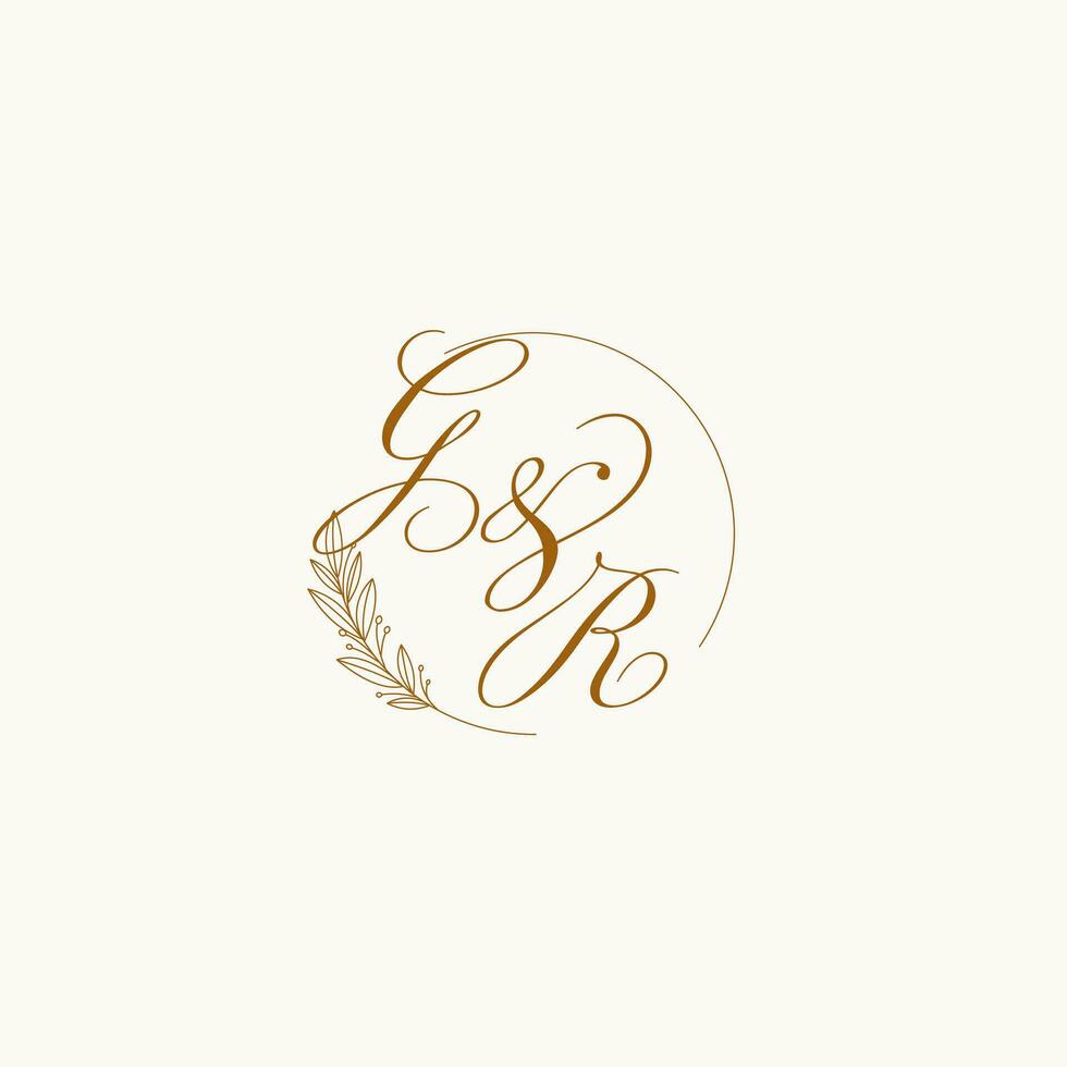 Initials GR wedding monogram logo with leaves and elegant circular lines vector