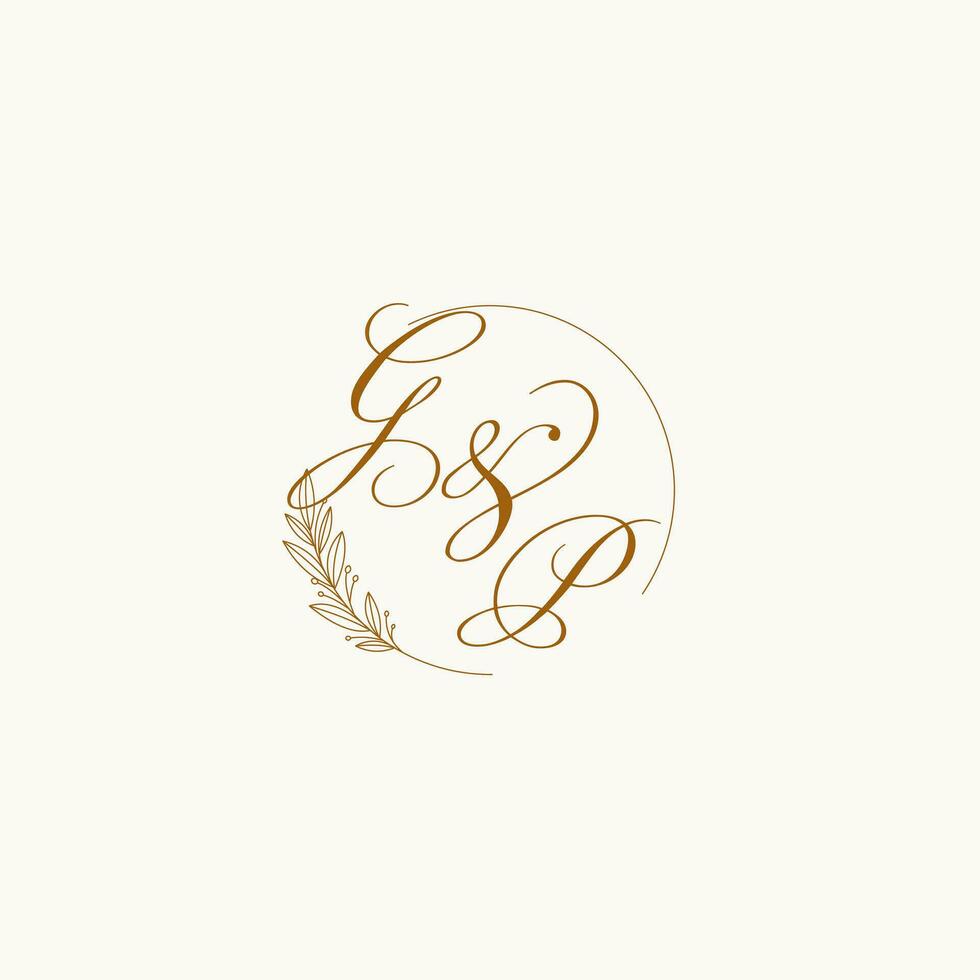 Initials GP wedding monogram logo with leaves and elegant circular lines vector