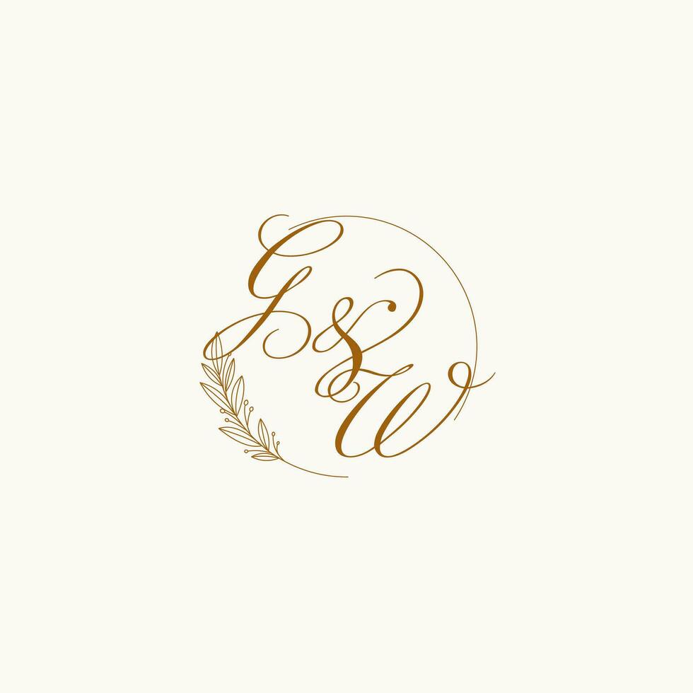 Initials GW wedding monogram logo with leaves and elegant circular lines vector