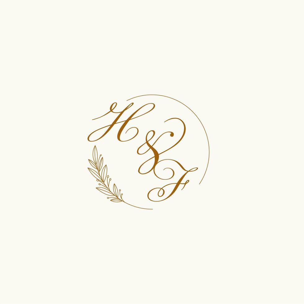 Initials HF wedding monogram logo with leaves and elegant circular lines vector