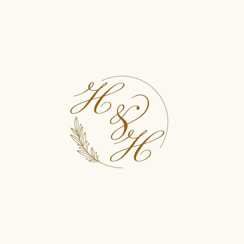 Initials HH wedding monogram logo with leaves and elegant circular lines vector