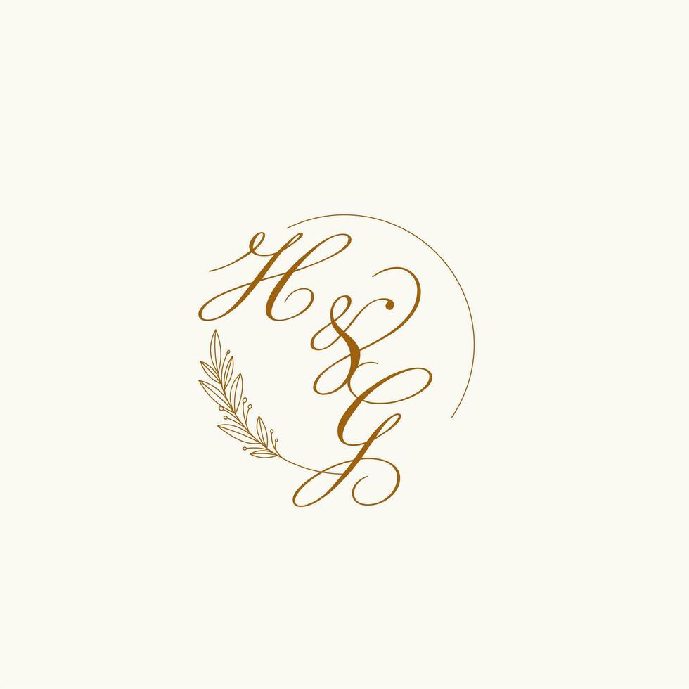 Initials HG wedding monogram logo with leaves and elegant circular lines vector