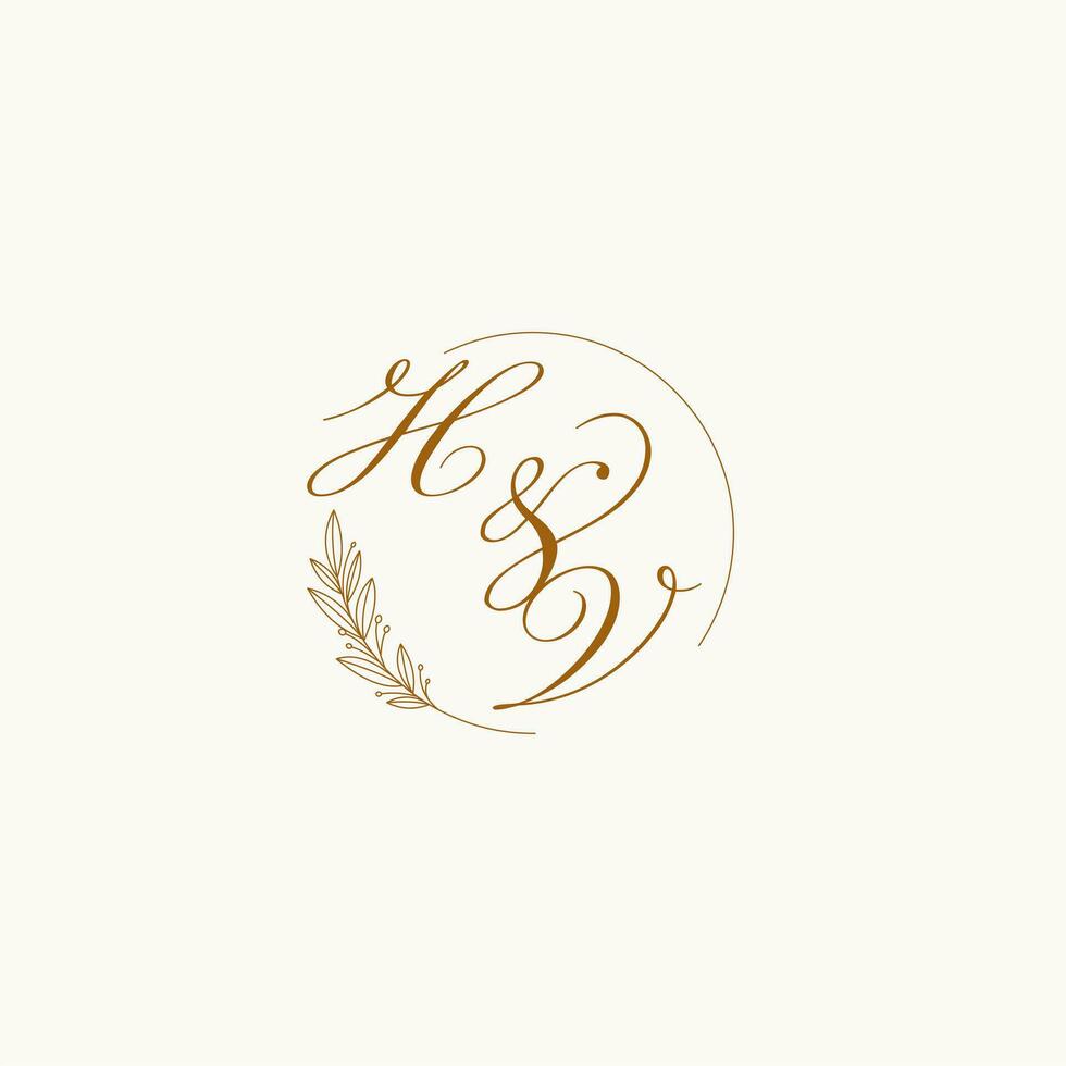 Initials HV wedding monogram logo with leaves and elegant circular lines vector