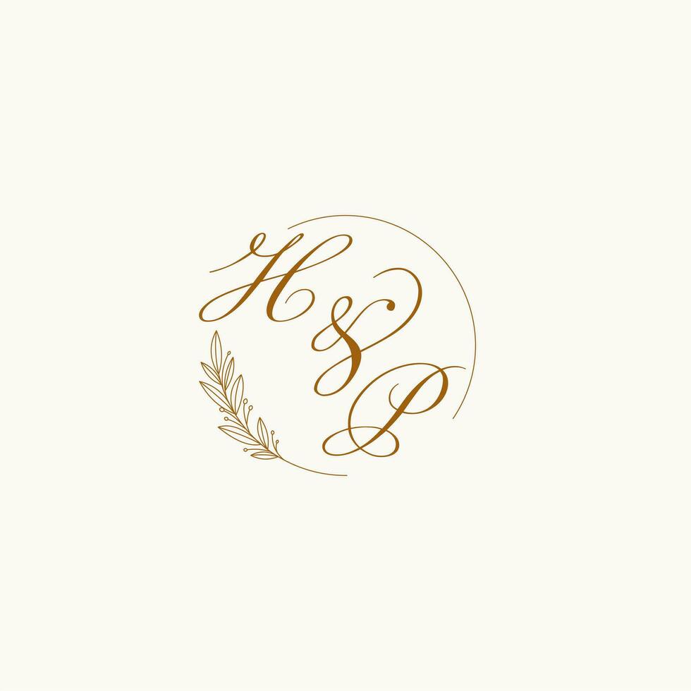 Initials HP wedding monogram logo with leaves and elegant circular lines vector