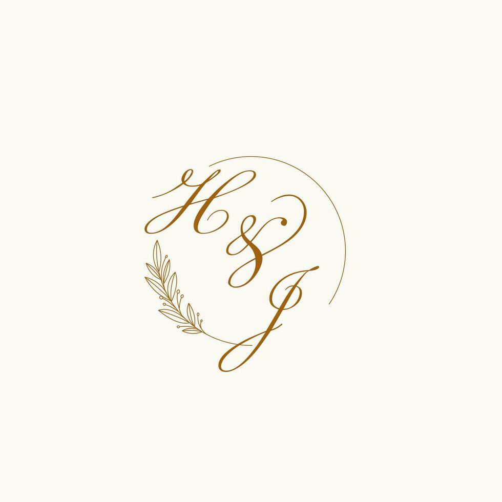 Initials HJ wedding monogram logo with leaves and elegant circular lines vector