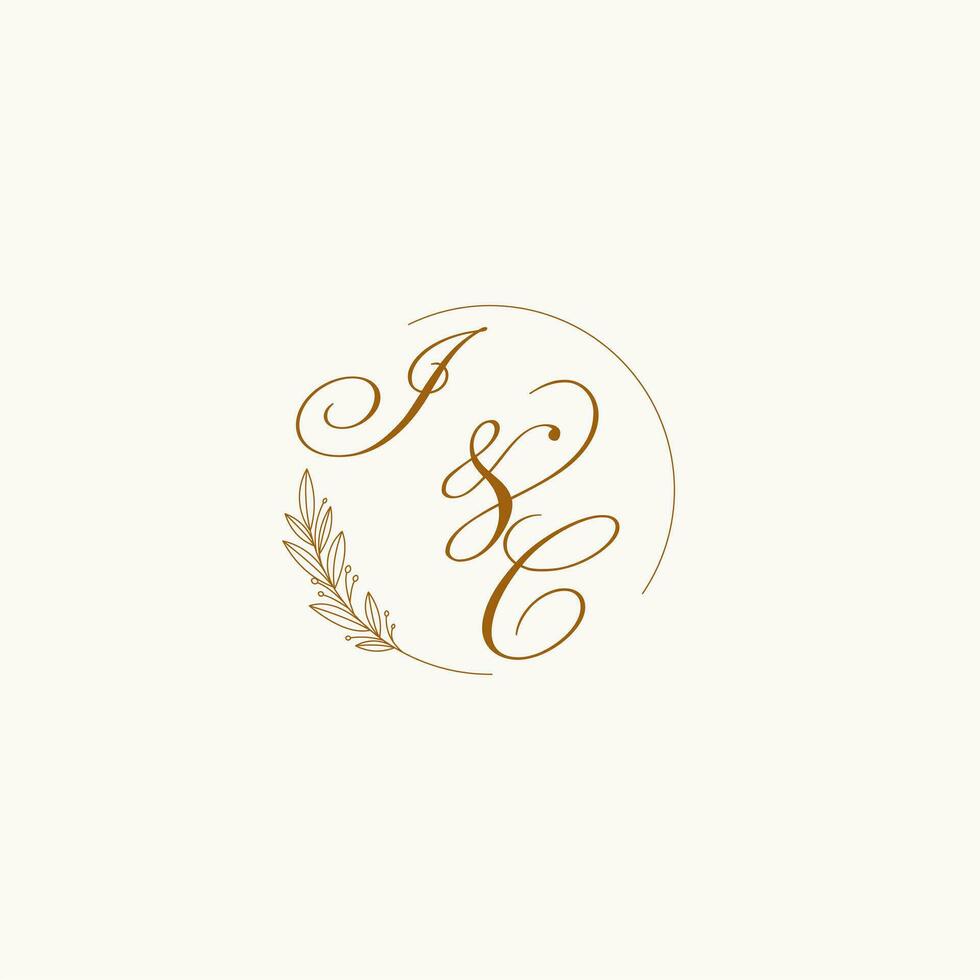 Initials IC wedding monogram logo with leaves and elegant circular lines vector