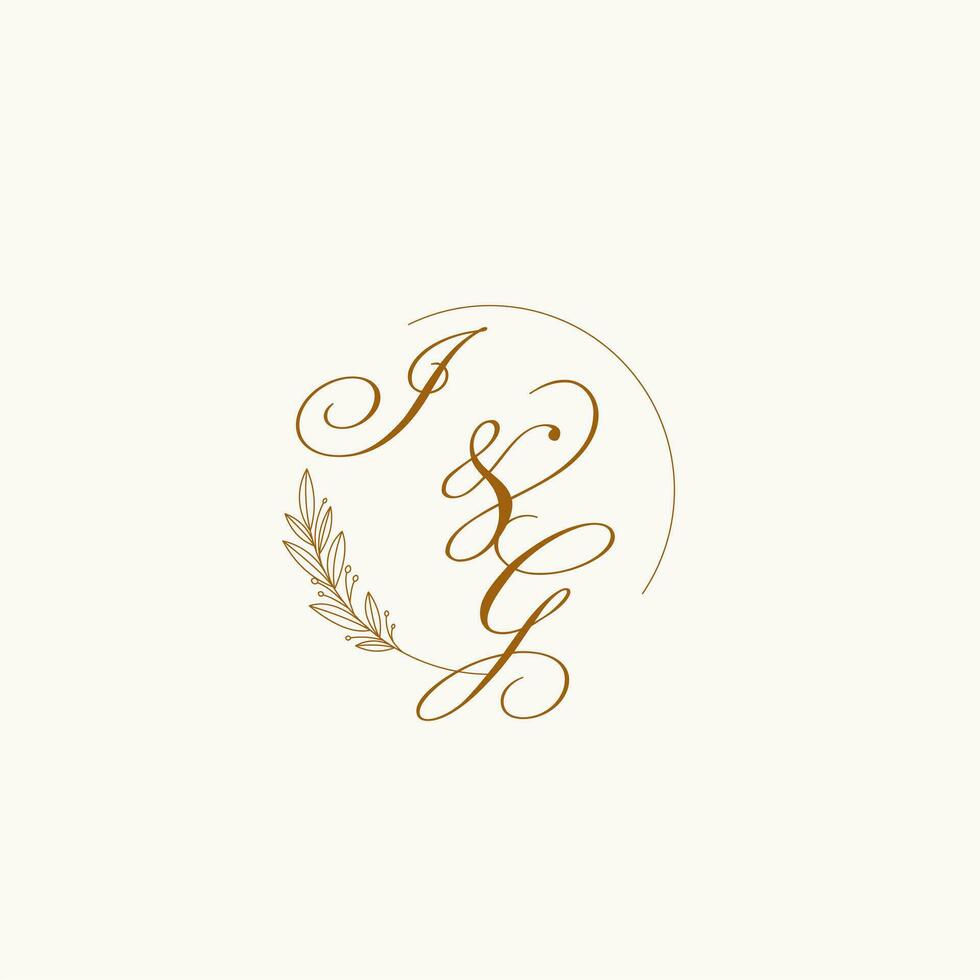 Initials IG wedding monogram logo with leaves and elegant circular lines vector