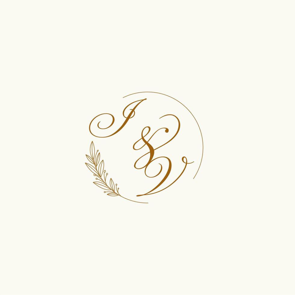 Initials IV wedding monogram logo with leaves and elegant circular lines vector