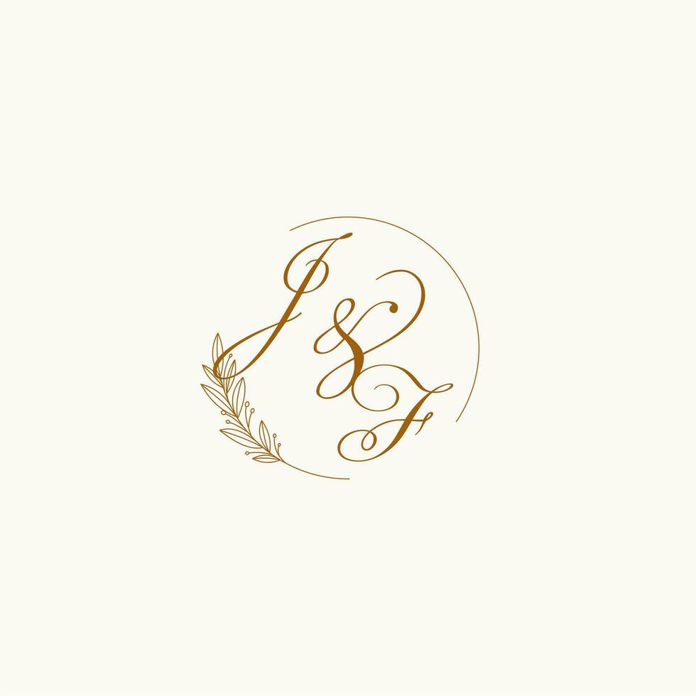 Initials JF wedding monogram logo with leaves and elegant circular lines vector