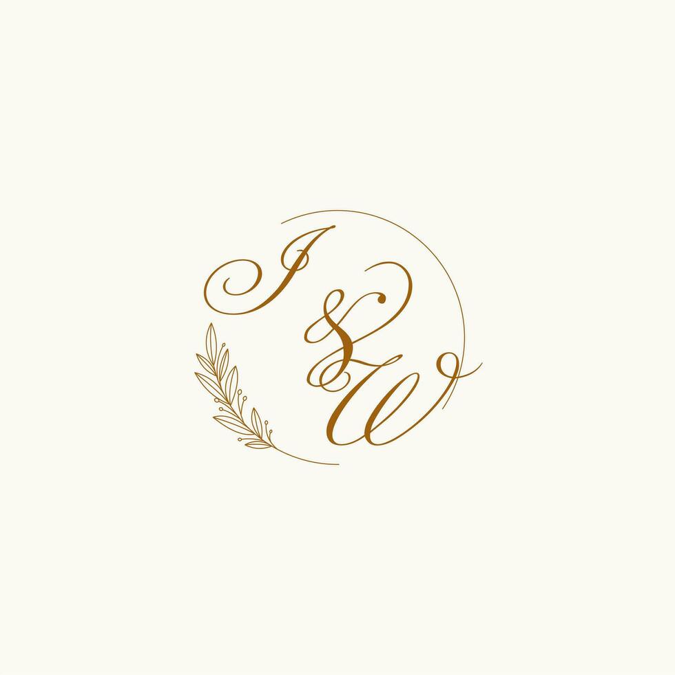 Initials IW wedding monogram logo with leaves and elegant circular lines vector