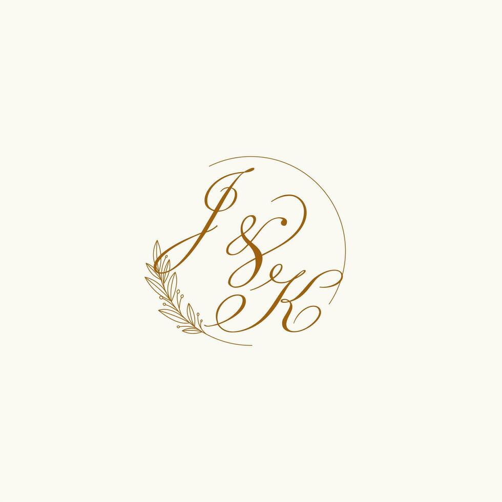 Initials JK wedding monogram logo with leaves and elegant circular lines vector