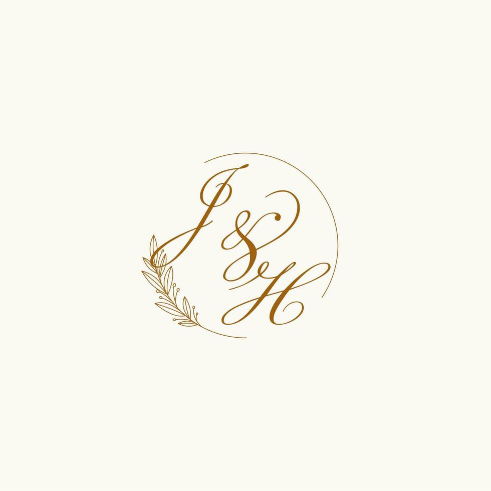 Initials JH wedding monogram logo with leaves and elegant circular lines vector