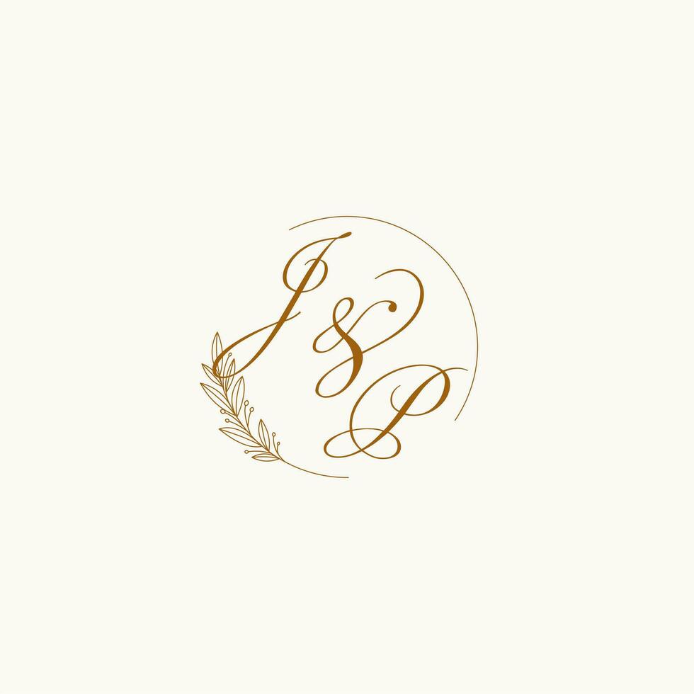 Initials JP wedding monogram logo with leaves and elegant circular lines vector