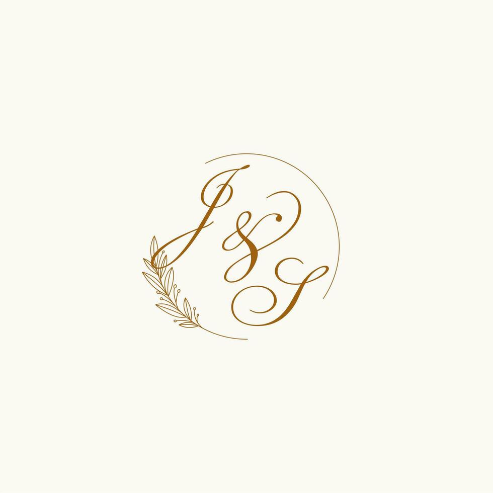 Initials JS wedding monogram logo with leaves and elegant circular lines vector
