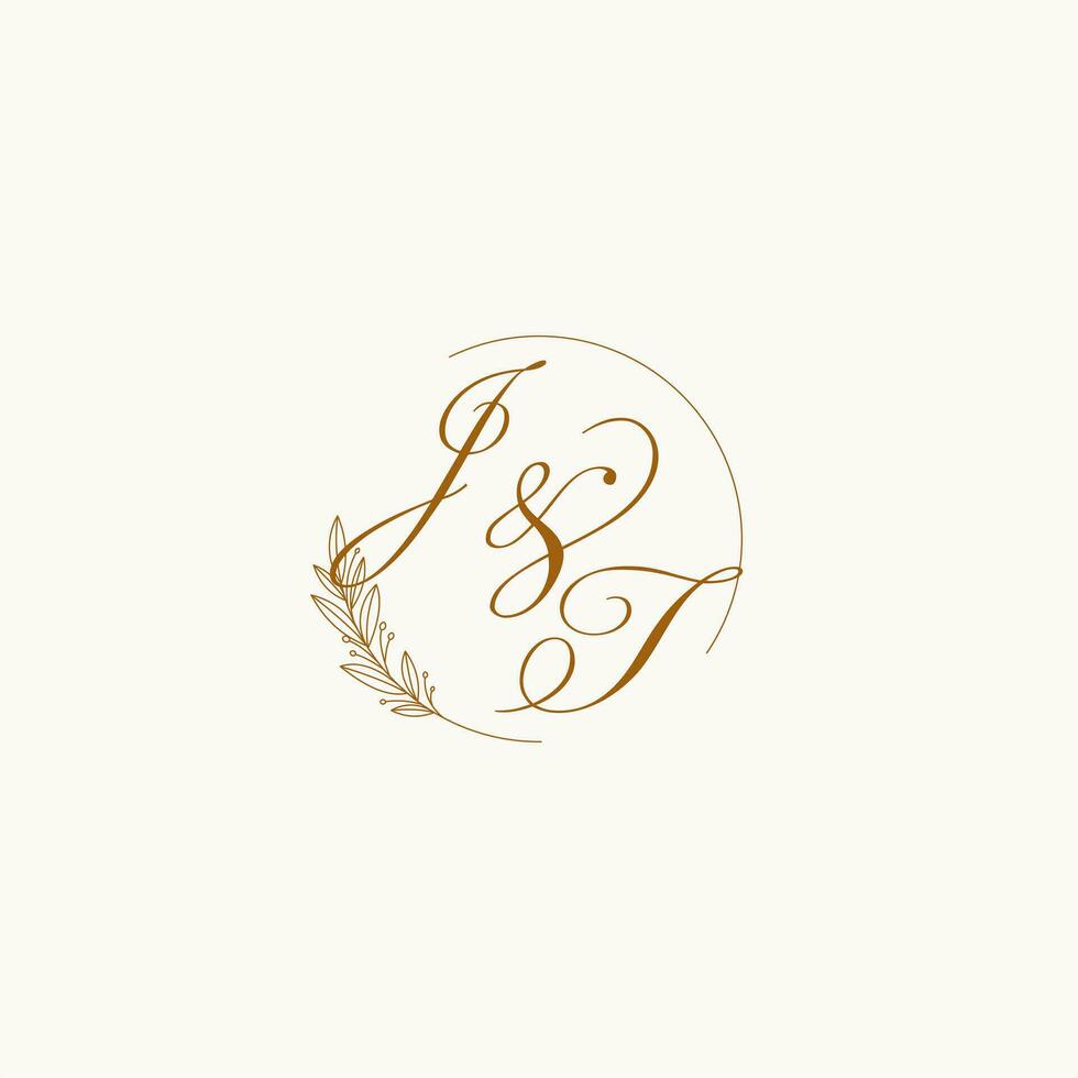 Initials JT wedding monogram logo with leaves and elegant circular lines vector