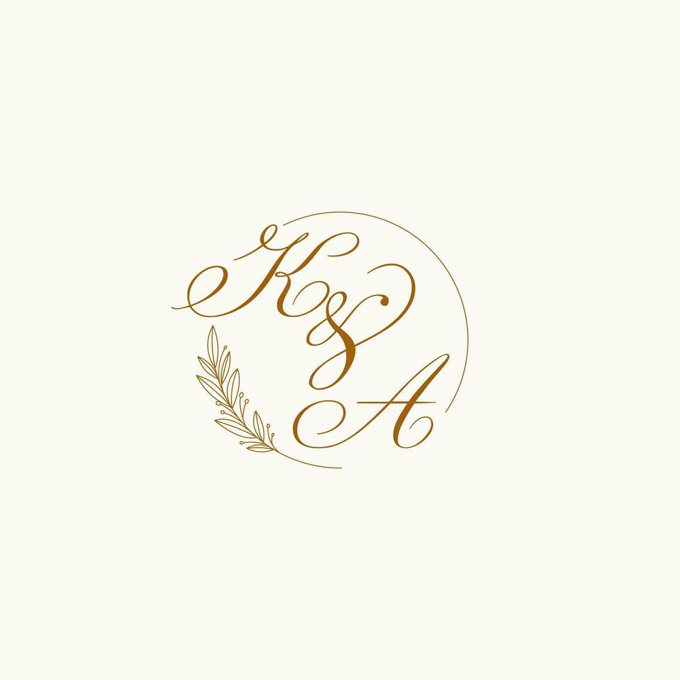 Initials KA wedding monogram logo with leaves and elegant circular lines vector