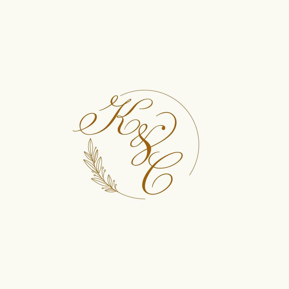 Initials KC wedding monogram logo with leaves and elegant circular lines vector