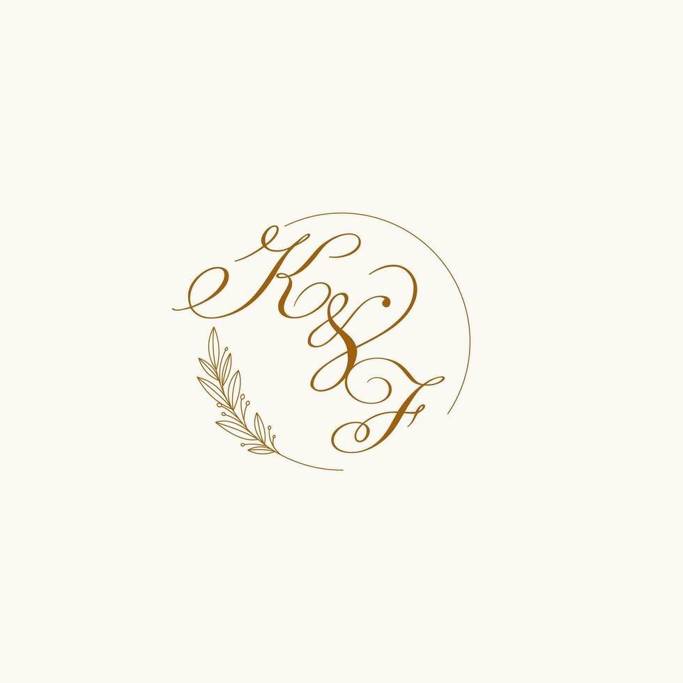 Initials KF wedding monogram logo with leaves and elegant circular lines vector