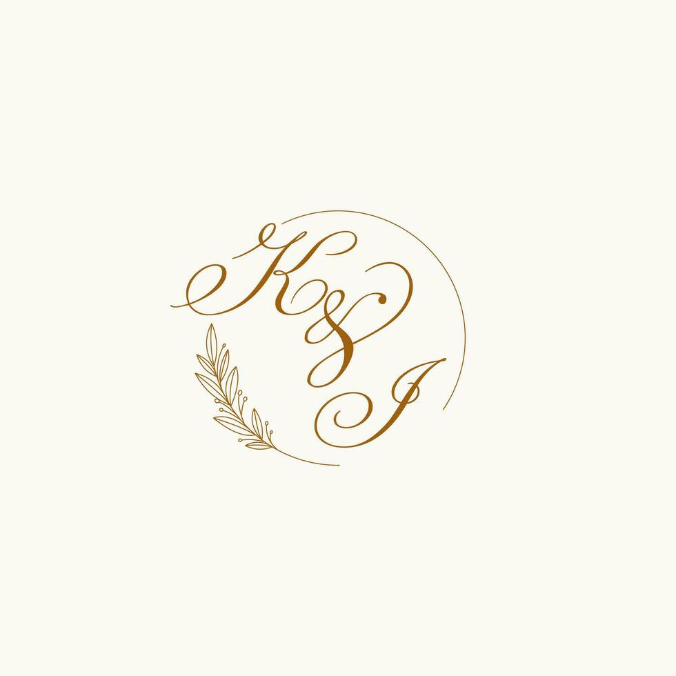 Initials KI wedding monogram logo with leaves and elegant circular lines vector
