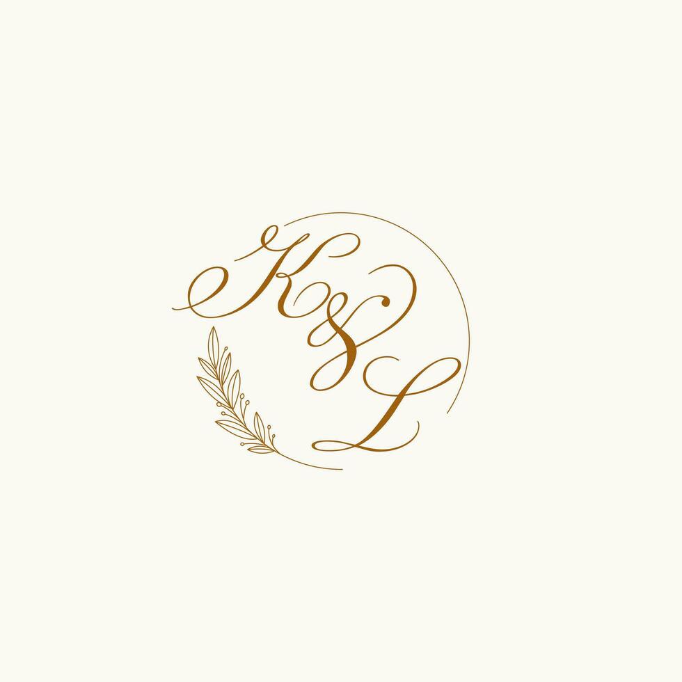 Initials KL wedding monogram logo with leaves and elegant circular lines vector