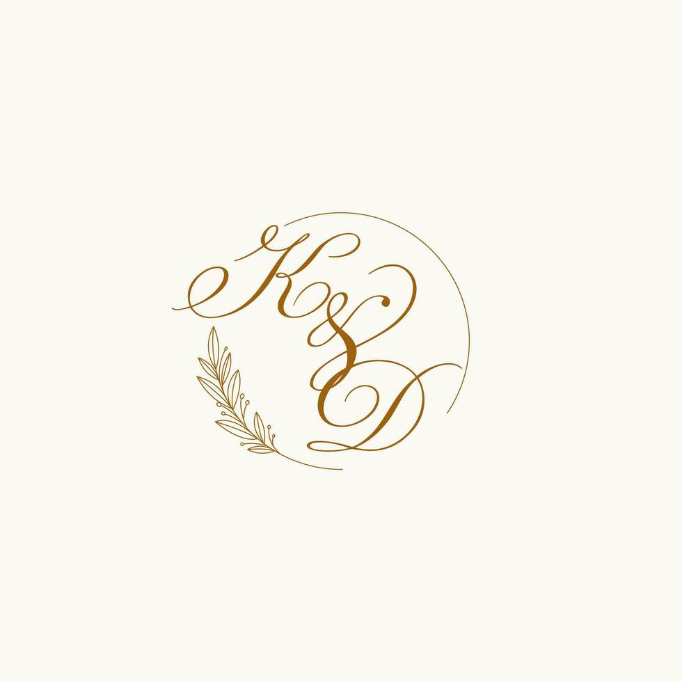 Initials KD wedding monogram logo with leaves and elegant circular lines vector