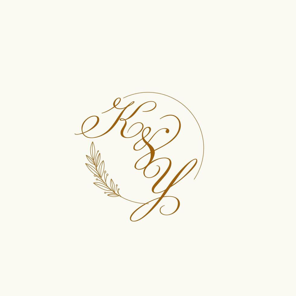 Initials KY wedding monogram logo with leaves and elegant circular lines vector