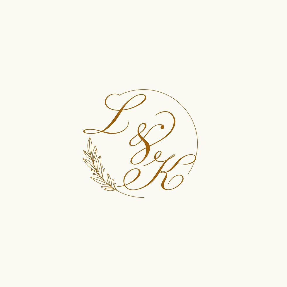 Initials LK wedding monogram logo with leaves and elegant circular lines vector