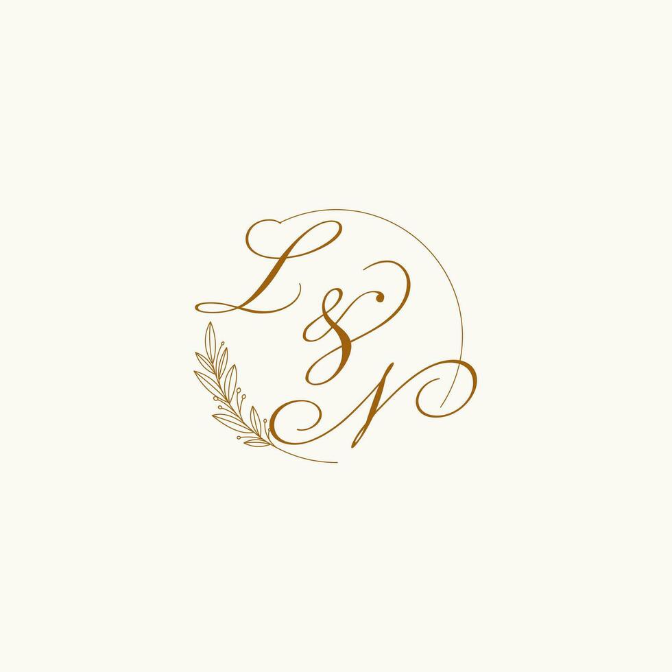 Initials LN wedding monogram logo with leaves and elegant circular lines vector