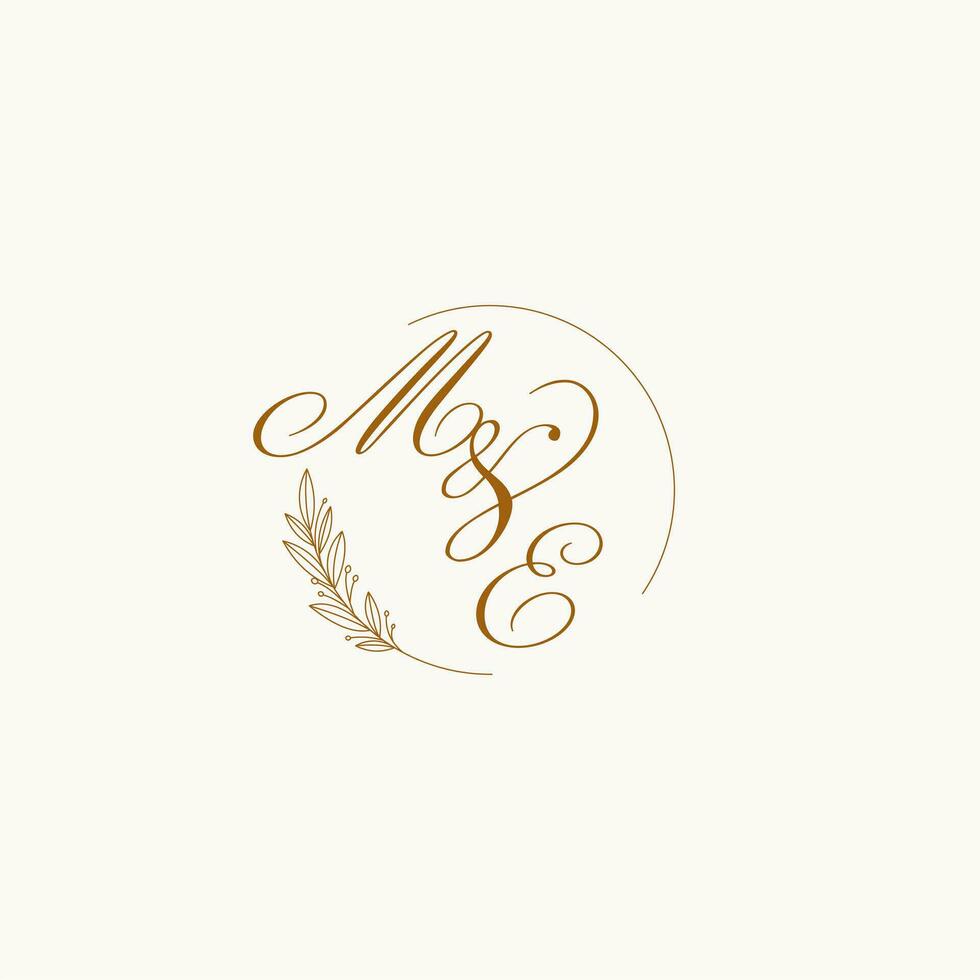 Initials ME wedding monogram logo with leaves and elegant circular lines vector
