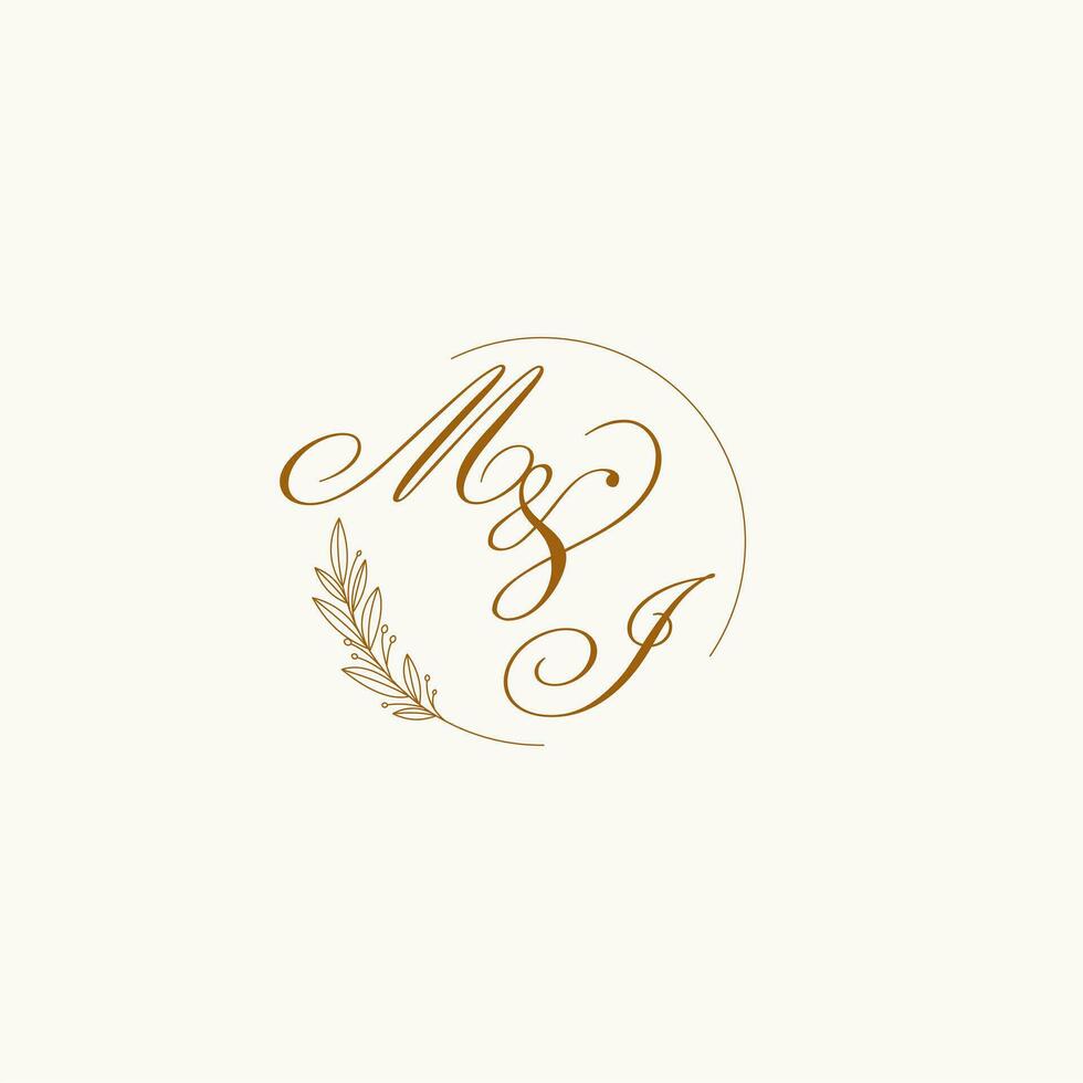 Initials MI wedding monogram logo with leaves and elegant circular lines vector