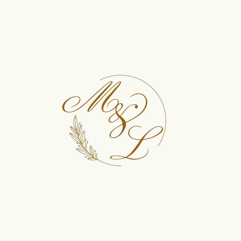 Initials ML wedding monogram logo with leaves and elegant circular lines vector