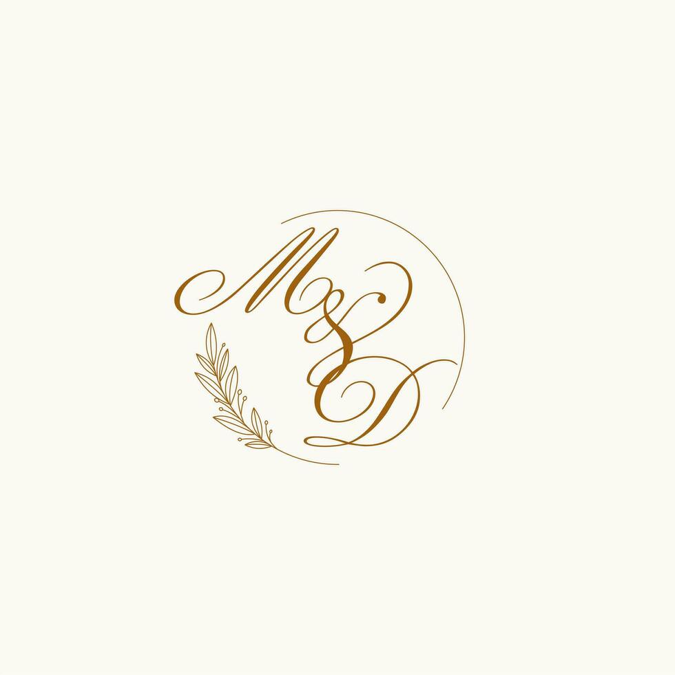 Initials MD wedding monogram logo with leaves and elegant circular lines vector